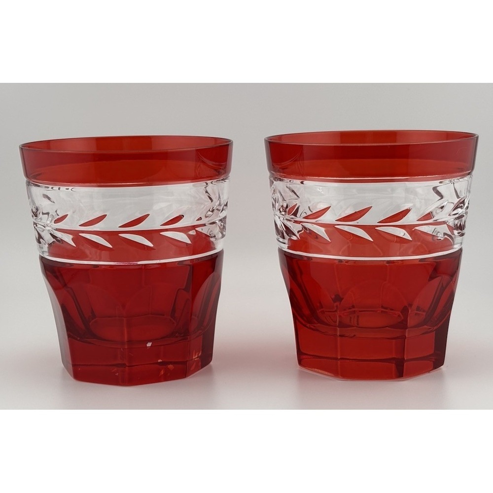 Ralph Lauren Crystal Claremont Double Old Fashioned Red Ruby Glasses set of 2